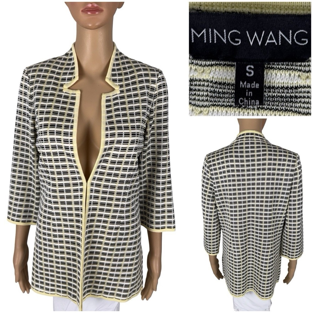 Ming Wang Womens Small Cardigan Sweater Yellow Plaid Knit Jacket Acrylic EUC